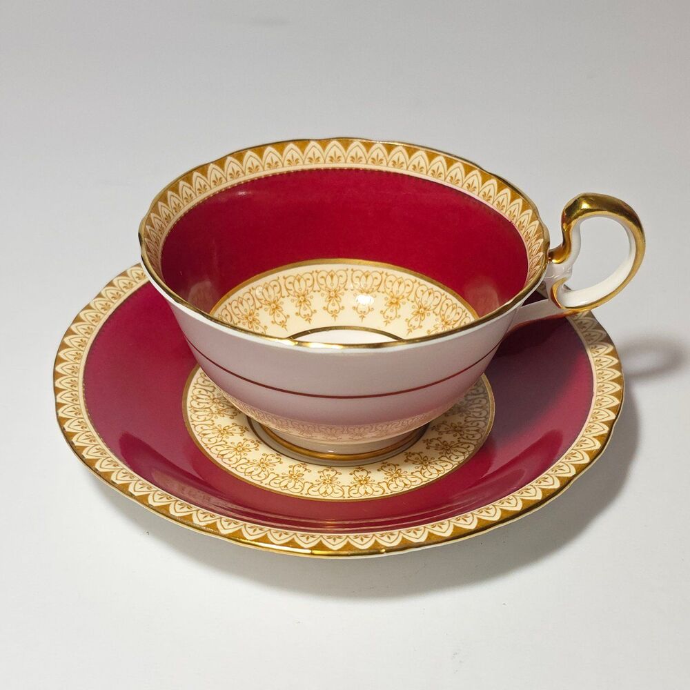 Aynsley Teacup and Saucer Burgundy Vintage